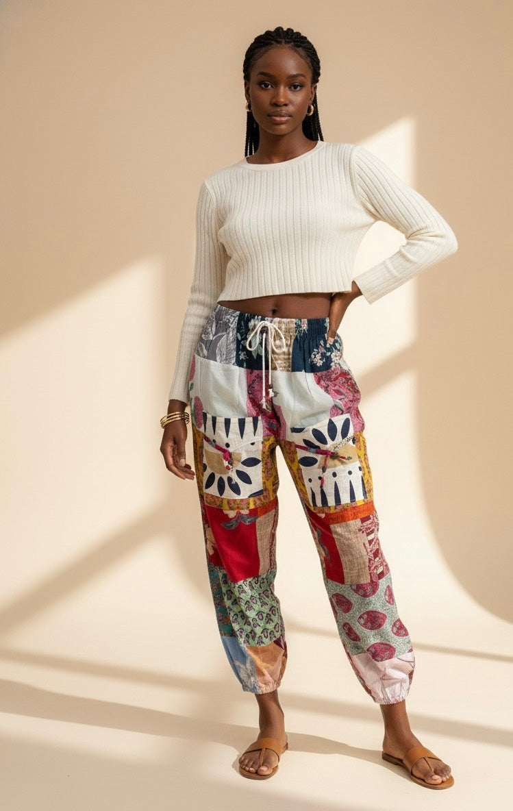 Boho Patchwork Jogger Pants – Colorful Handmade Casual Trousers