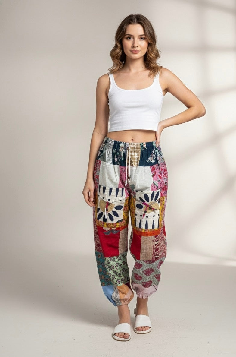 Boho Patchwork Jogger Pants – Colorful Handmade Casual Trousers