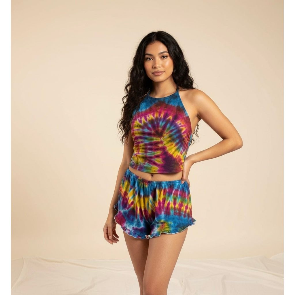 TD Halter Neck Backless Tops & Ruffle Shorts