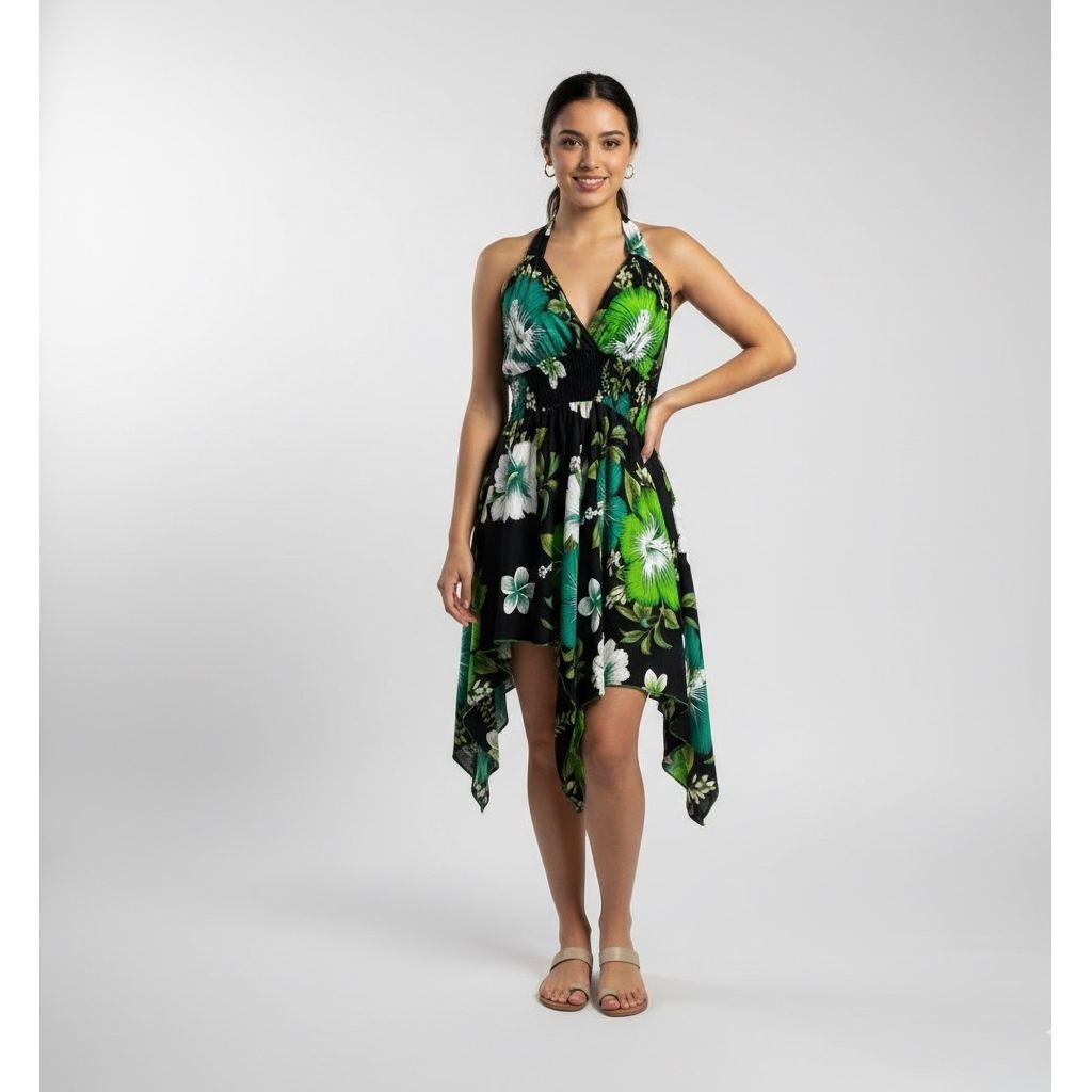 Dress - Halter Flower Dress/ Black-Green