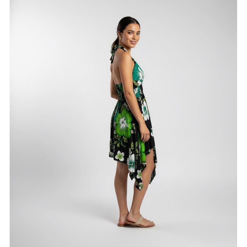 Dress - Halter Flower Dress/ Black-Green