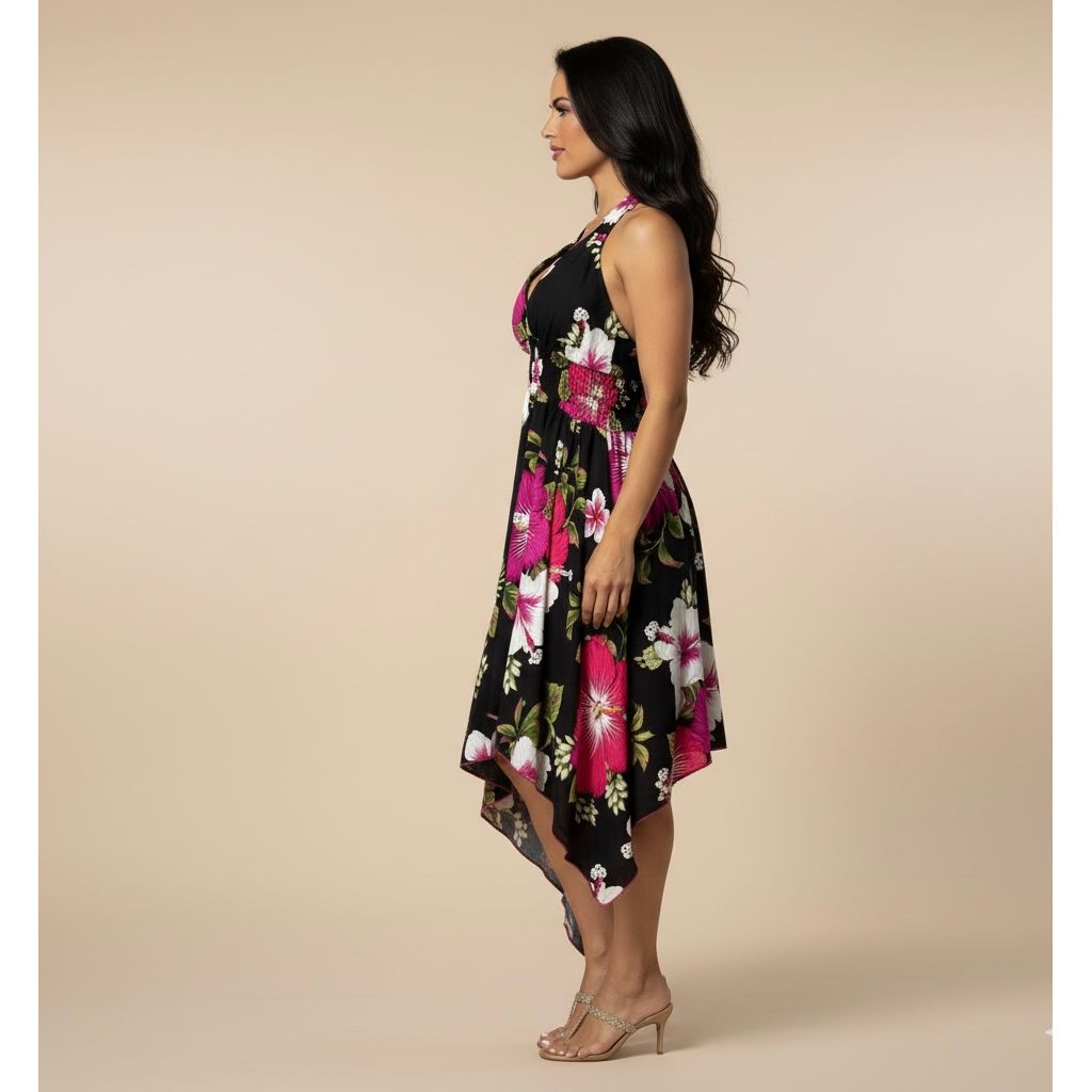 Dress - Halter Flower Dress / Black-Pink