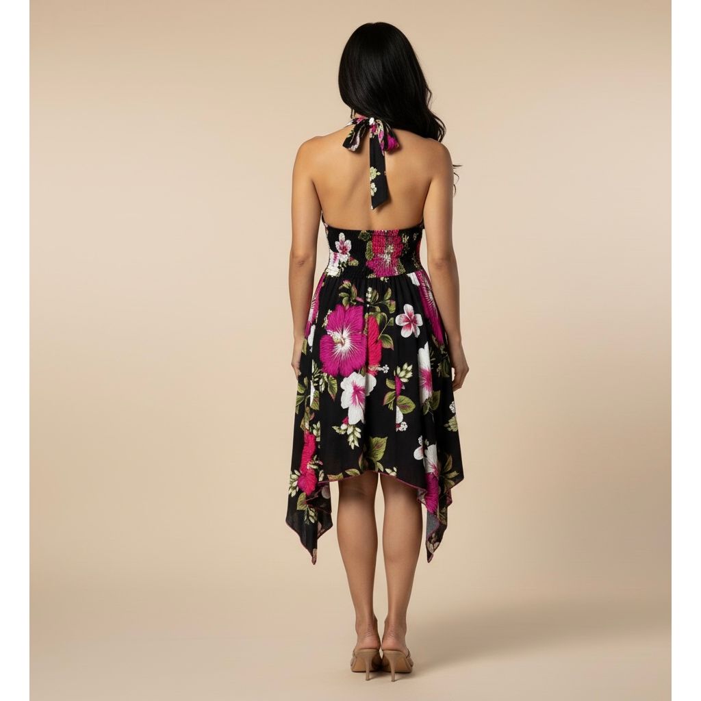 Dress - Halter Flower Dress / Black-Pink