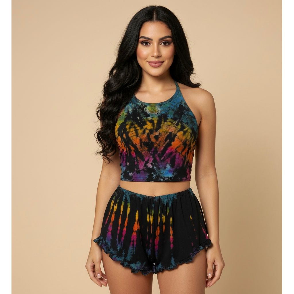 Black Rainbow Halter Neck Backless Tops & Ruffle Shorts