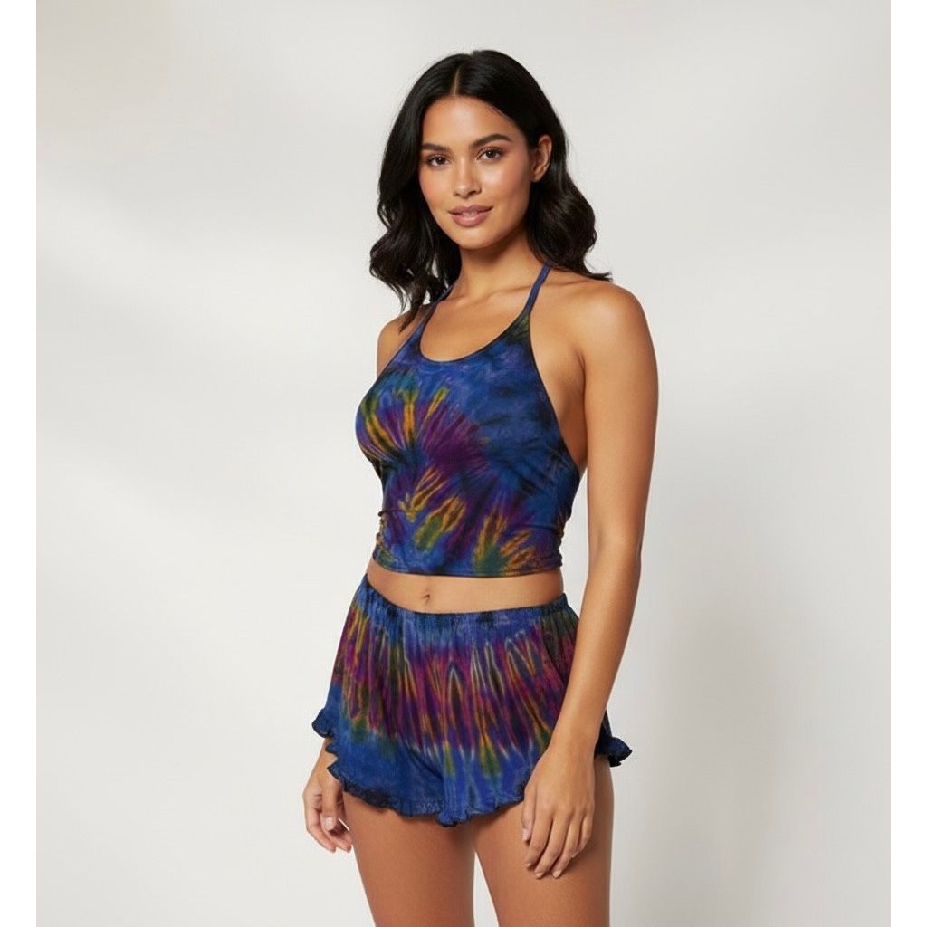 TD Navy Blue Halter Neck Backless Tops & Ruffle Shorts