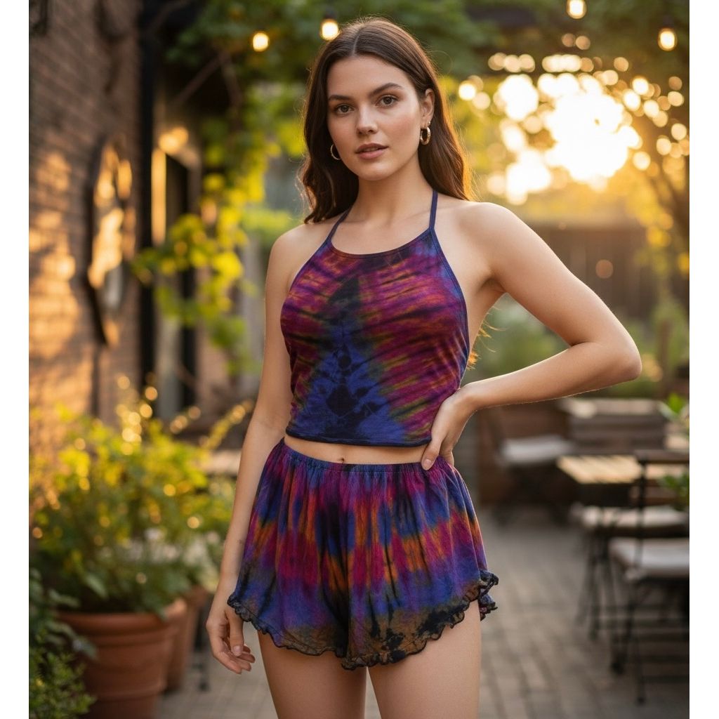Tie Dye Halter Neck Backless Tops & Ruffle Shorts