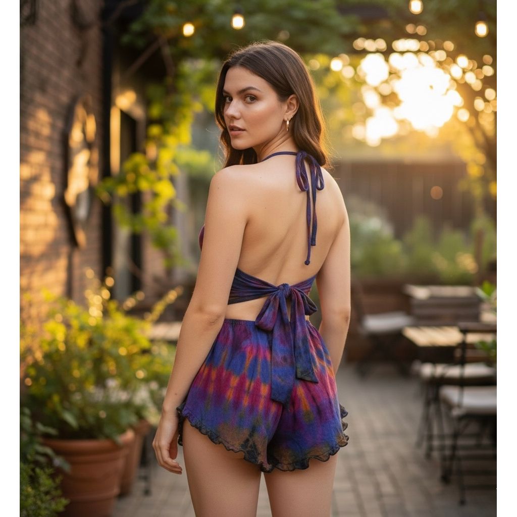 Tie Dye Halter Neck Backless Tops & Ruffle Shorts