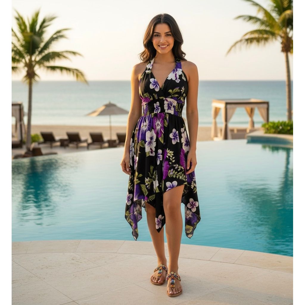 Dress - Halter Flower Dress / Black-Pink