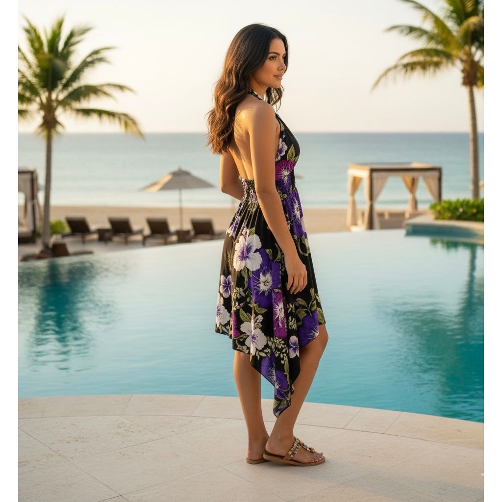 Dress - Halter Flower Dress/ Black-Purple