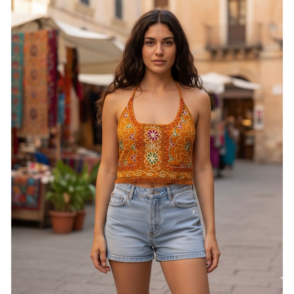 Tops - Embroidery Floral Halter Tops / Orange