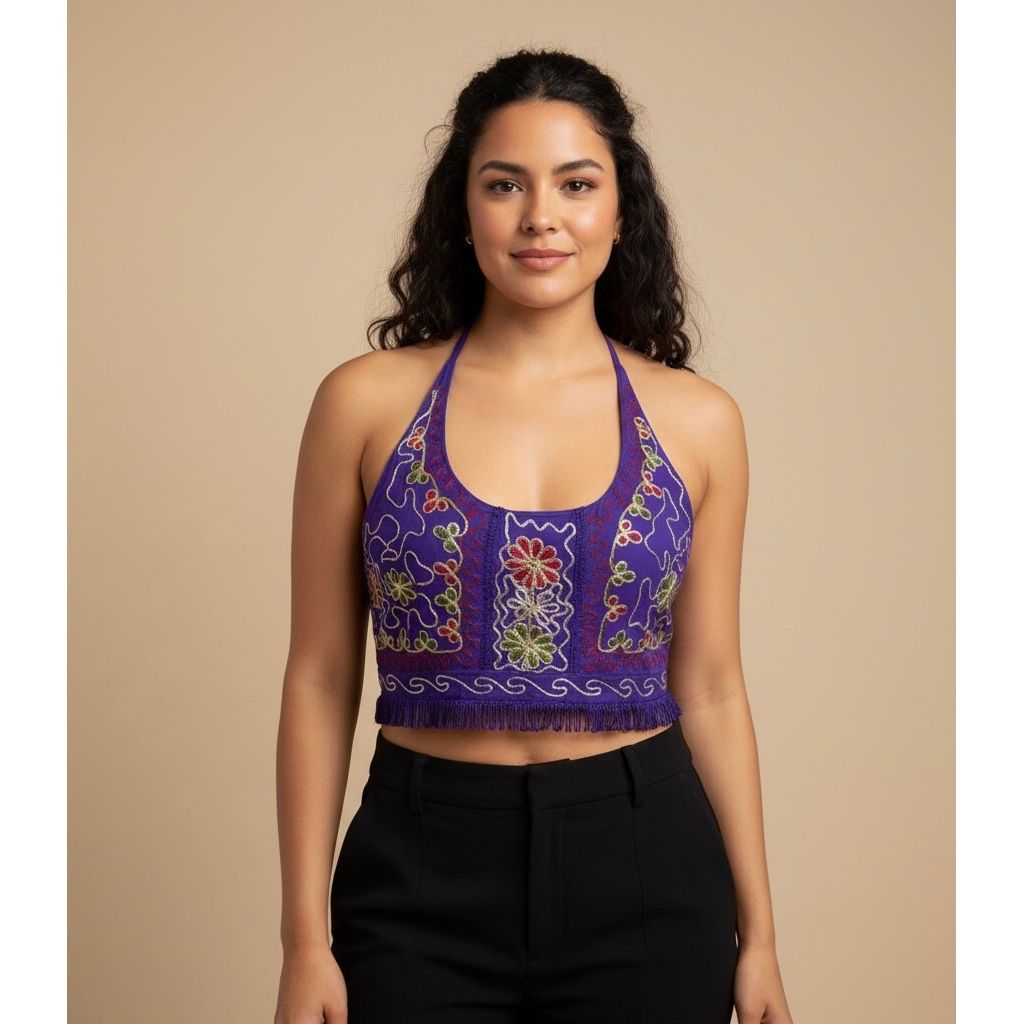 Tops - Embroidery Floral Halter Tops /Purple