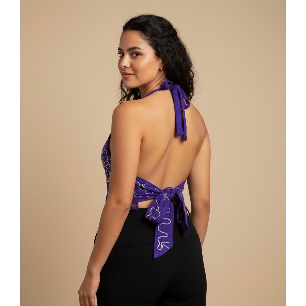 Tops - Embroidery Floral Halter Tops /Purple