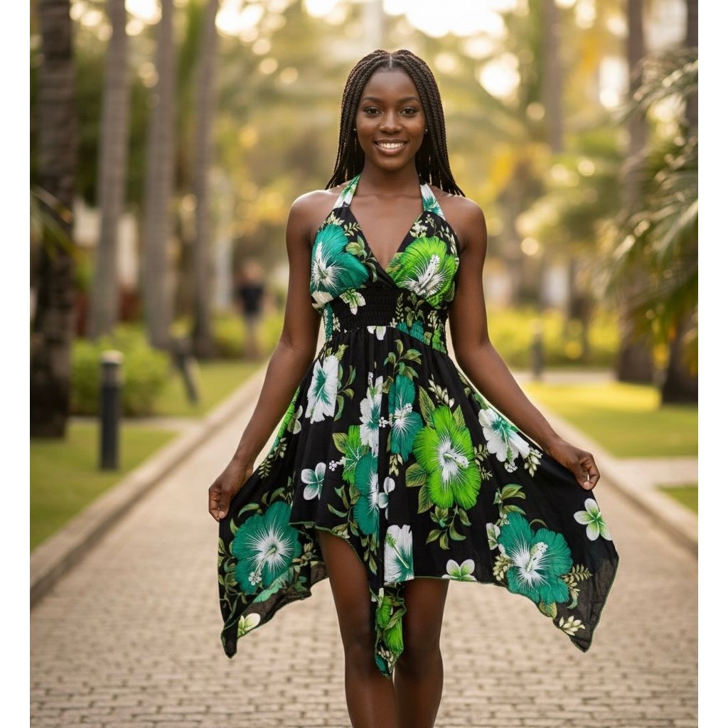 Dress - Halter Flower Dress/ Black-Blue