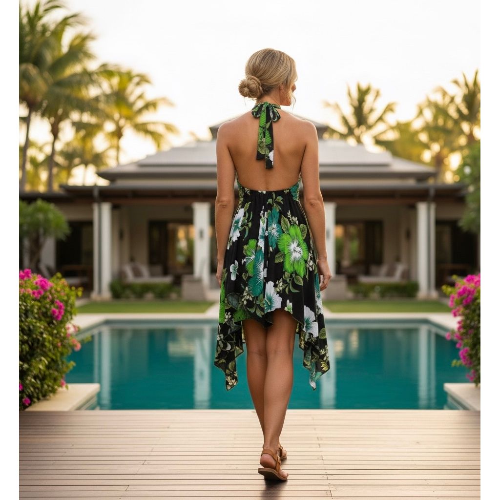 Dress - Halter Flower Dress/ Black-Green