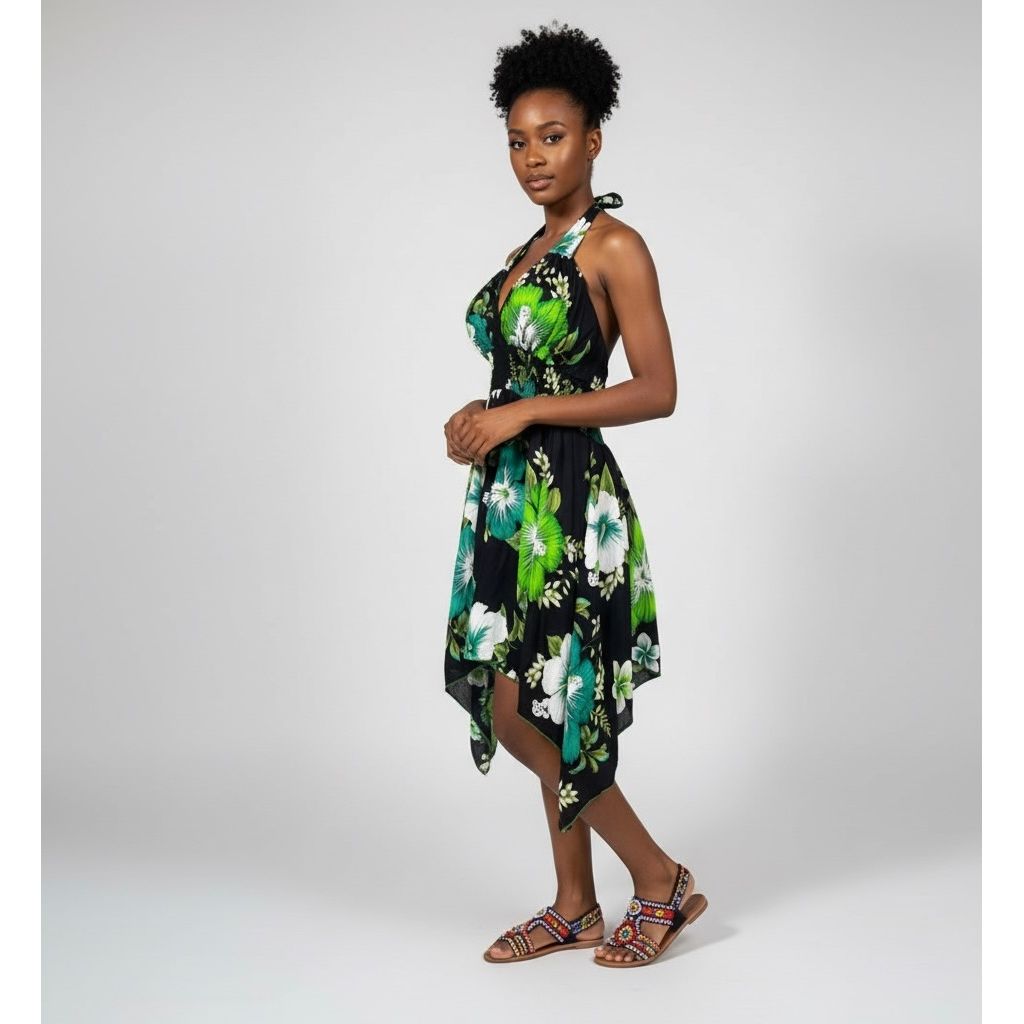 Dress - Halter Flower Dress/ Black-Green