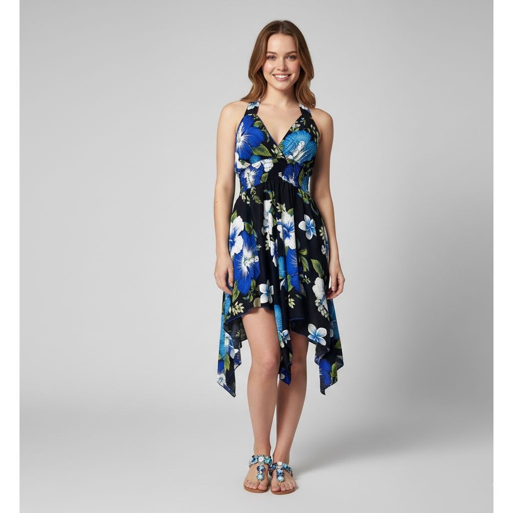 Dress - Halter Flower Dress / Black-Pink