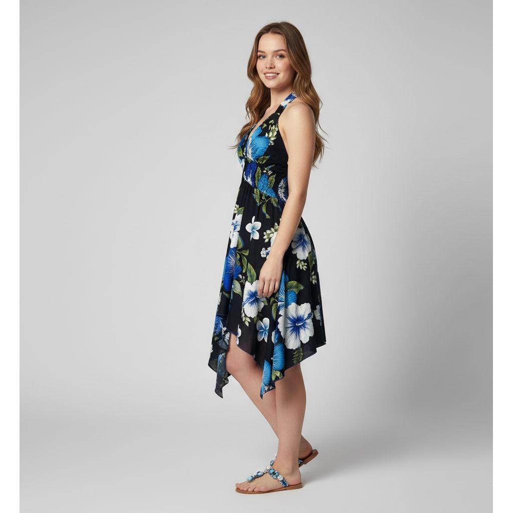 Dress - Halter Flower Dress/ Black-Blue