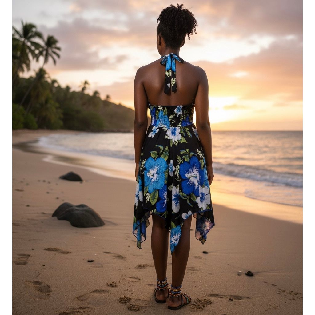 Dress - Halter Flower Dress/ Black-Blue