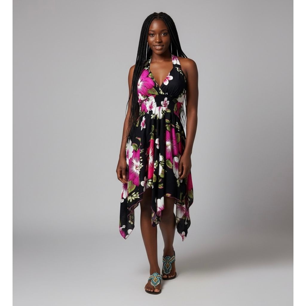 Dress - Halter Flower Dress / Black-Pink