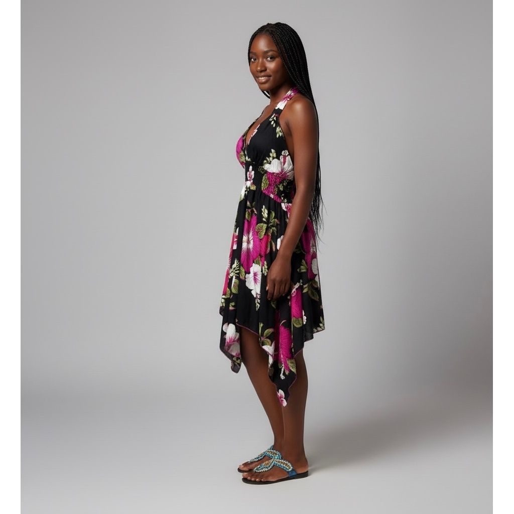 Dress - Halter Flower Dress / Black-Pink