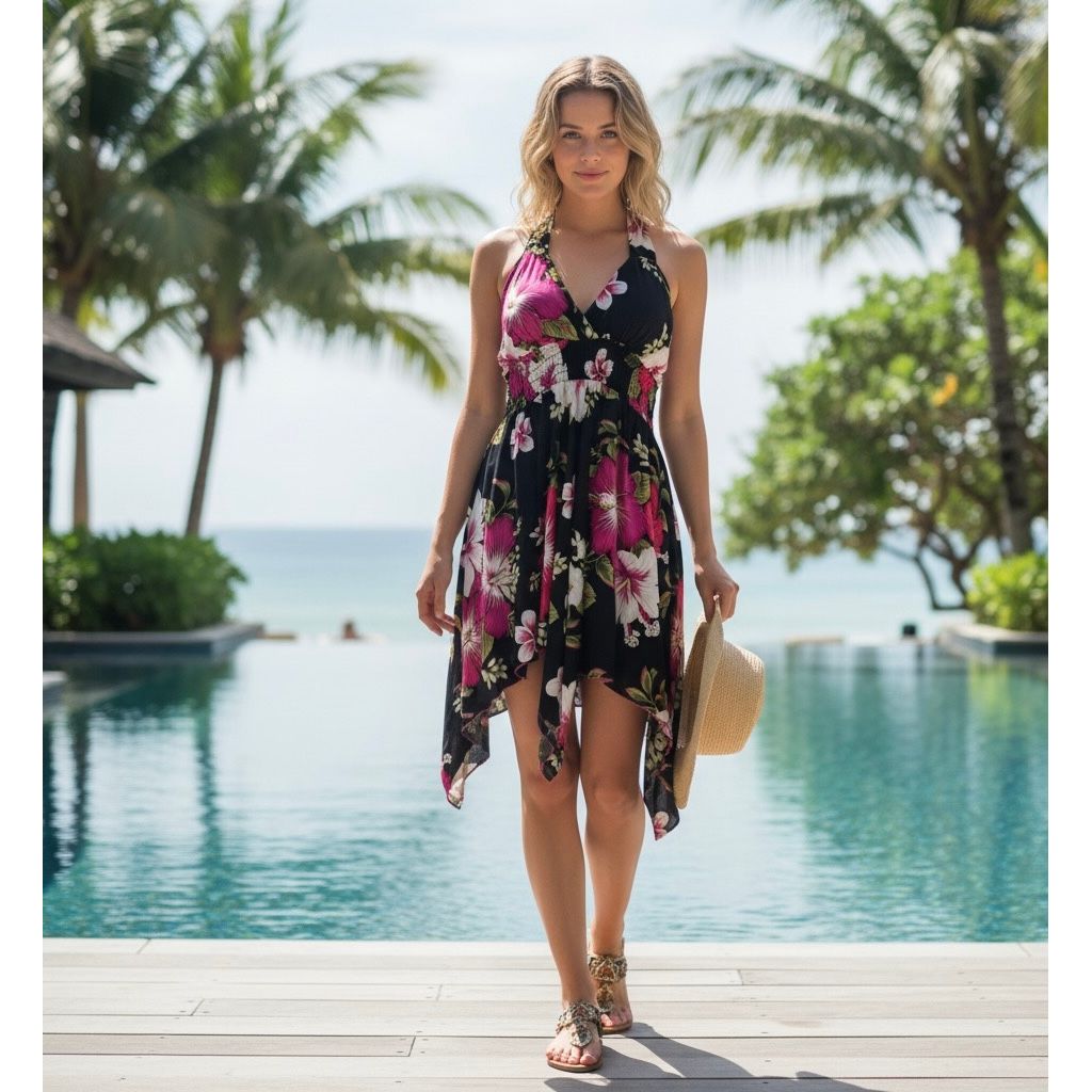 Dress - Halter Flower Dress / Black-Pink