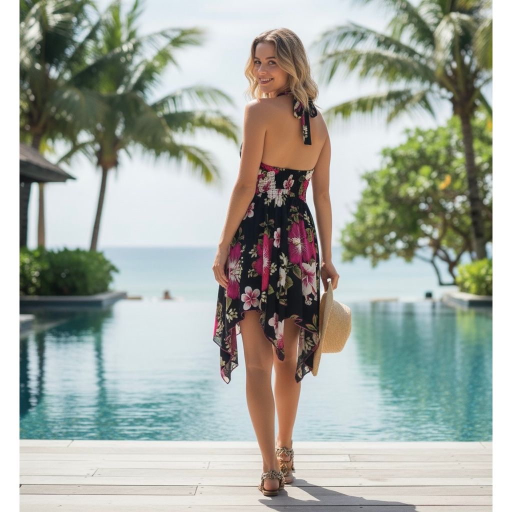 Dress - Halter Flower Dress / Black-Pink