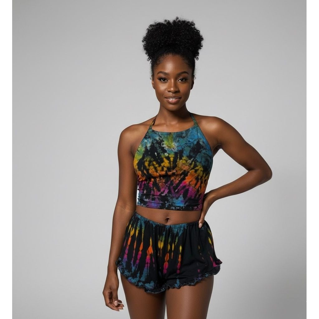 Black Rainbow Halter Neck Backless Tops & Ruffle Shorts