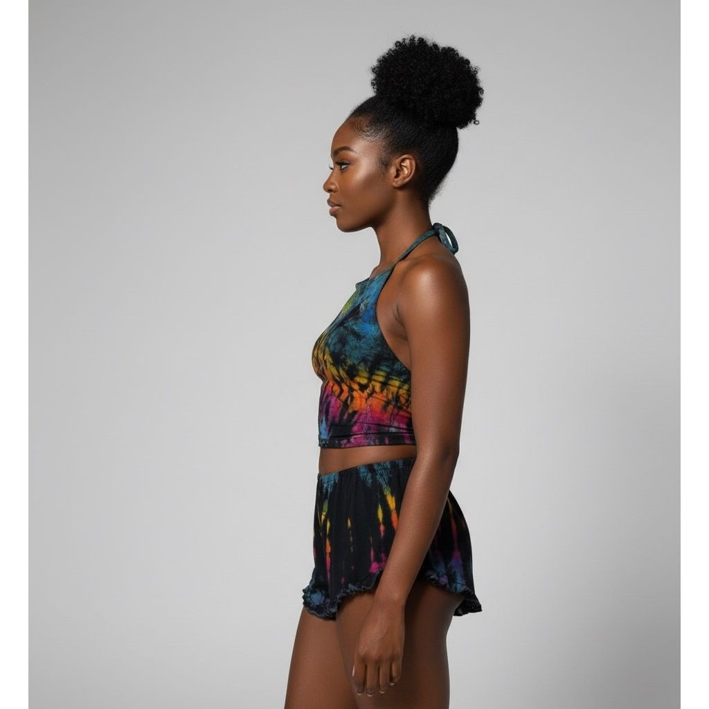 Black Rainbow Halter Neck Backless Tops & Ruffle Shorts