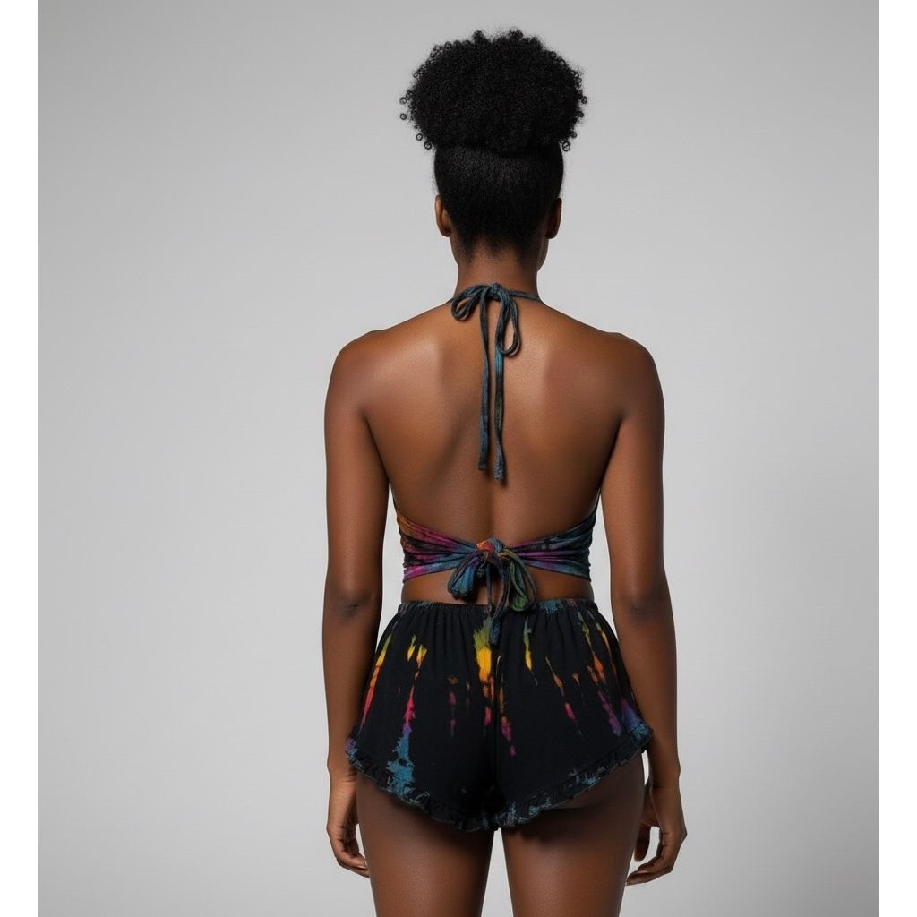 Black Rainbow Halter Neck Backless Tops & Ruffle Shorts