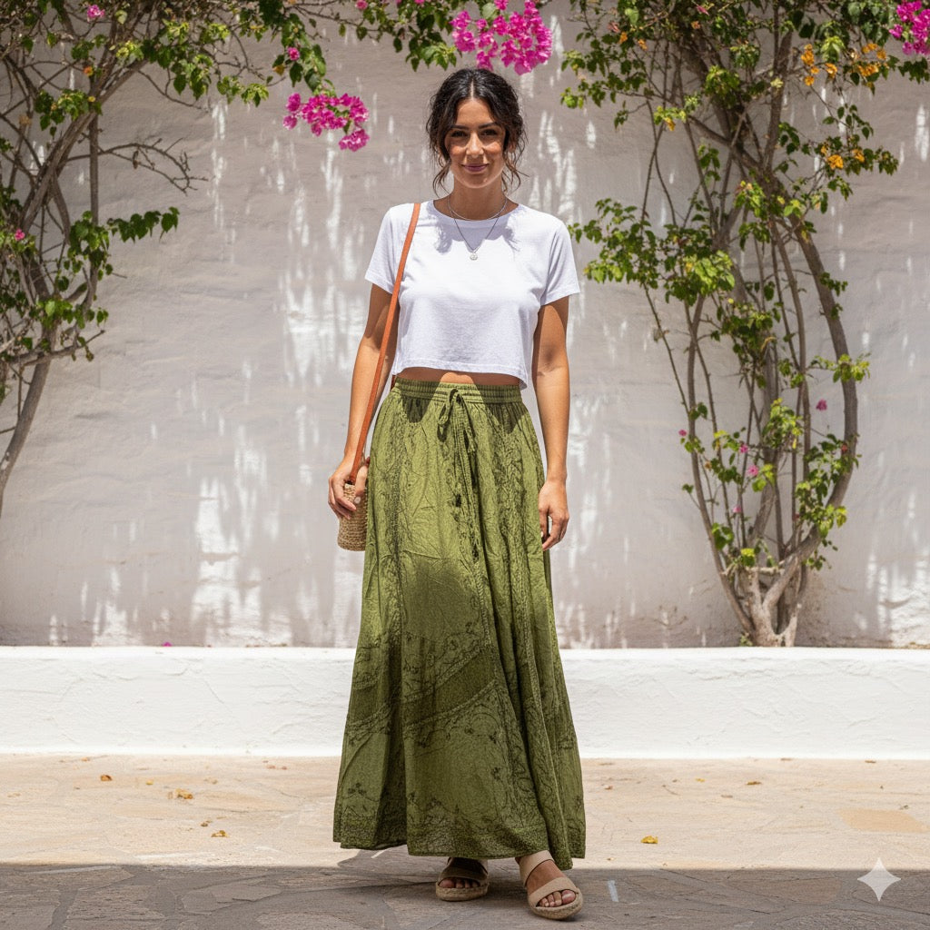 Skirt - Long Skirt  Embroidered Maxi Skirt with Elastic Waist