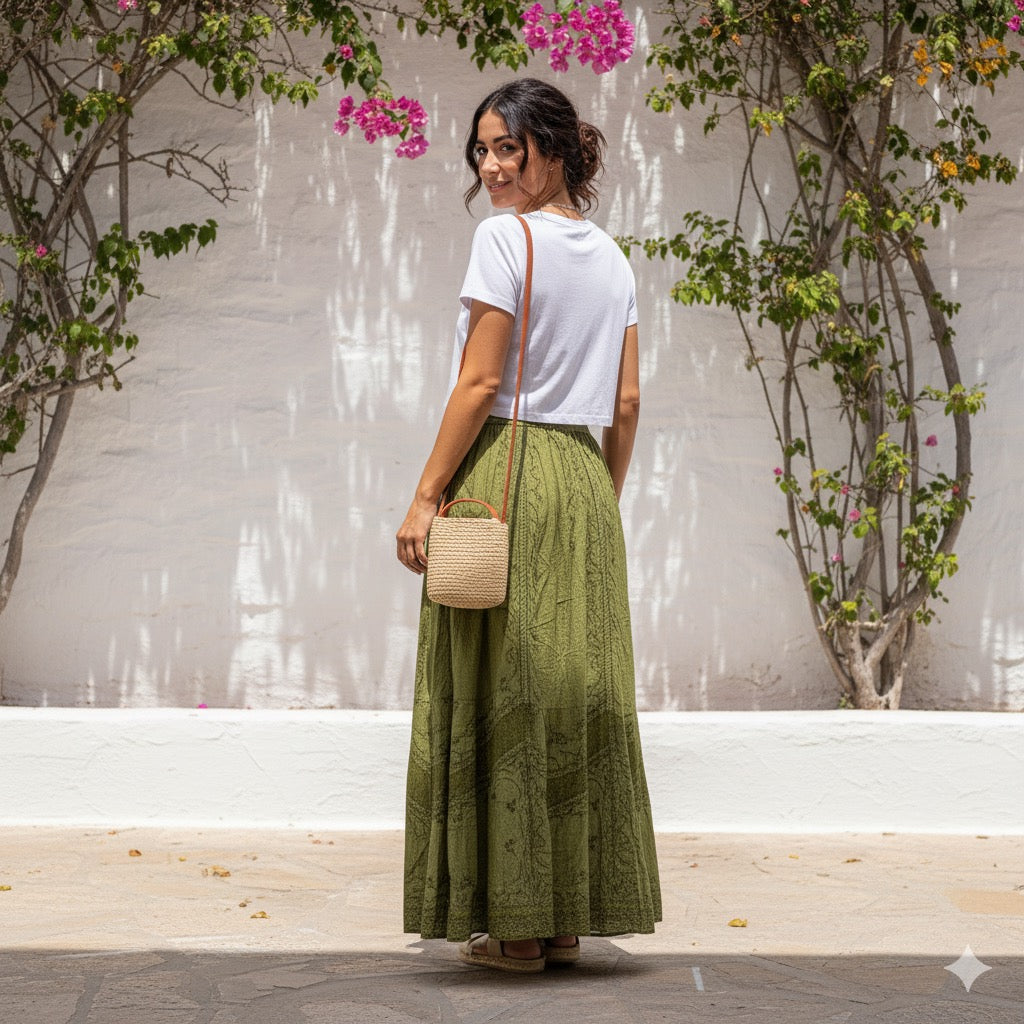Skirt - Long Skirt  Embroidered Maxi Skirt with Elastic Waist