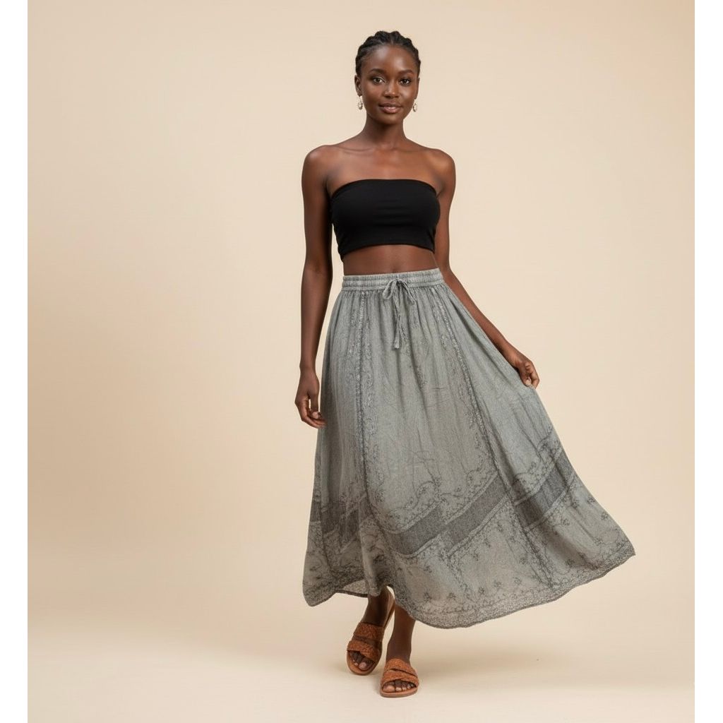 Skirt - Long Skirt  Embroidered Maxi Skirt with Elastic Waist