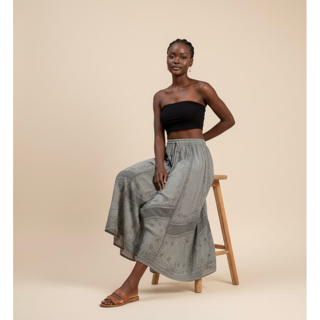 Skirt - Long Skirt  Embroidered Maxi Skirt with Elastic Waist