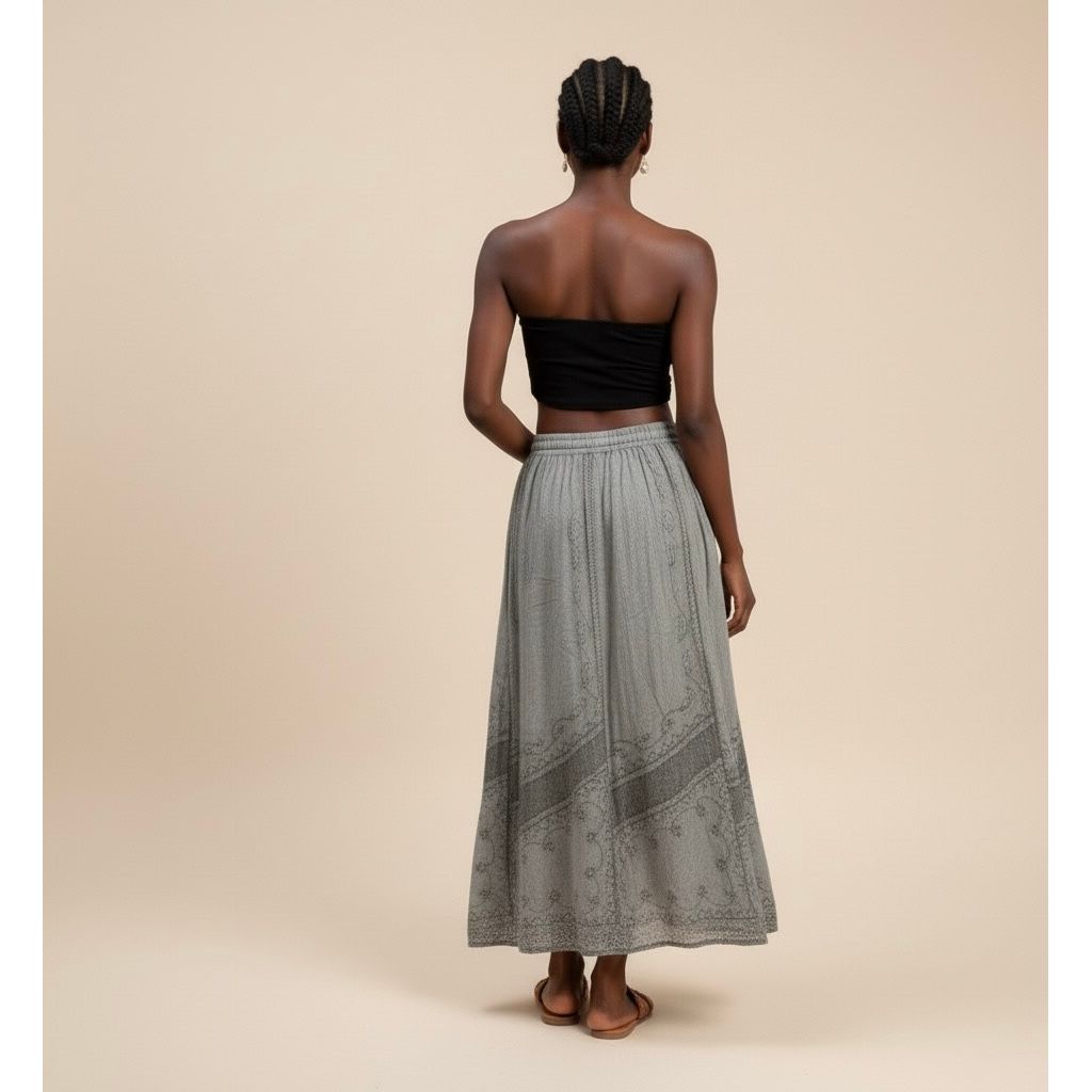 Skirt - Long Skirt  Embroidered Maxi Skirt with Elastic Waist