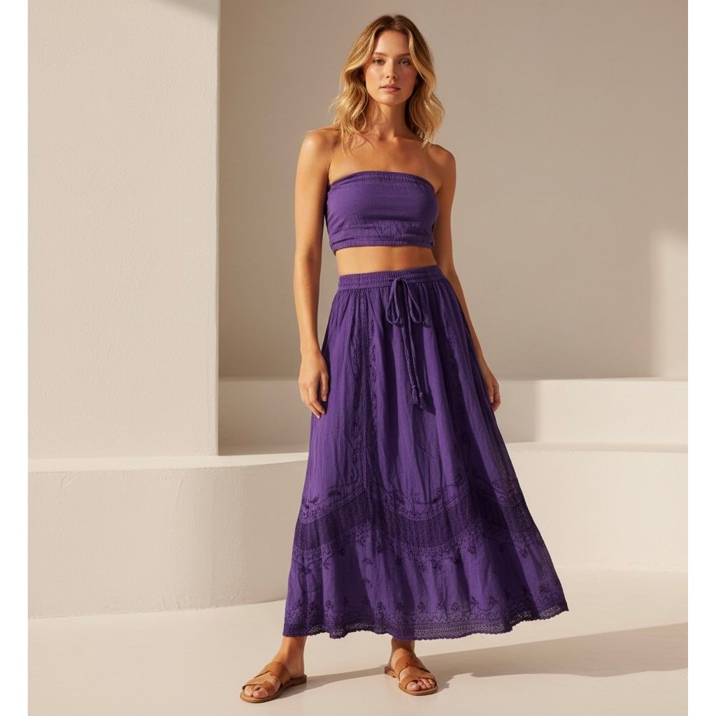 Skirt - Long Skirt  Embroidered Maxi Skirt with Elastic Waist