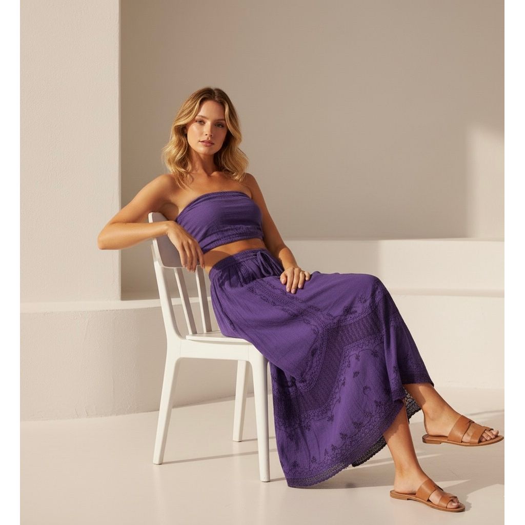 Skirt - Long Skirt  Embroidered Maxi Skirt with Elastic Waist