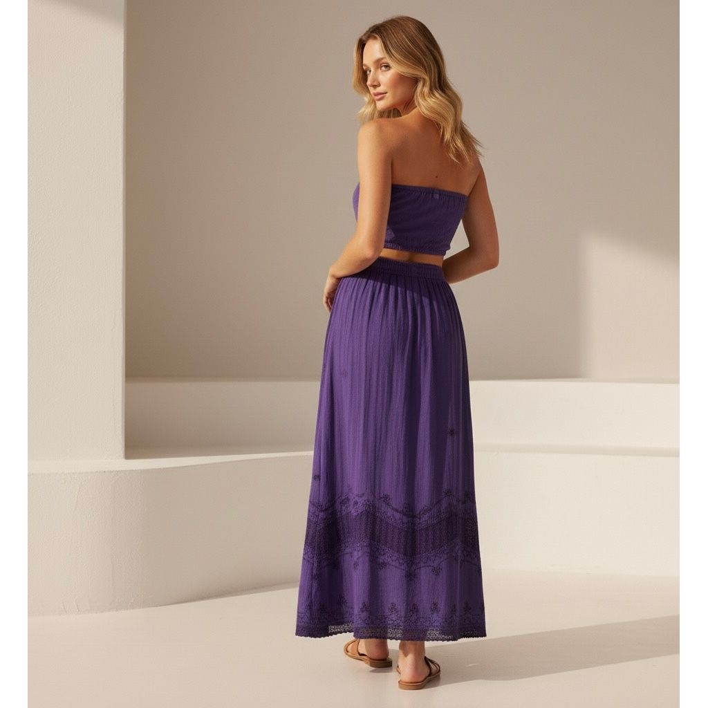 Skirt - Long Skirt  Embroidered Maxi Skirt with Elastic Waist