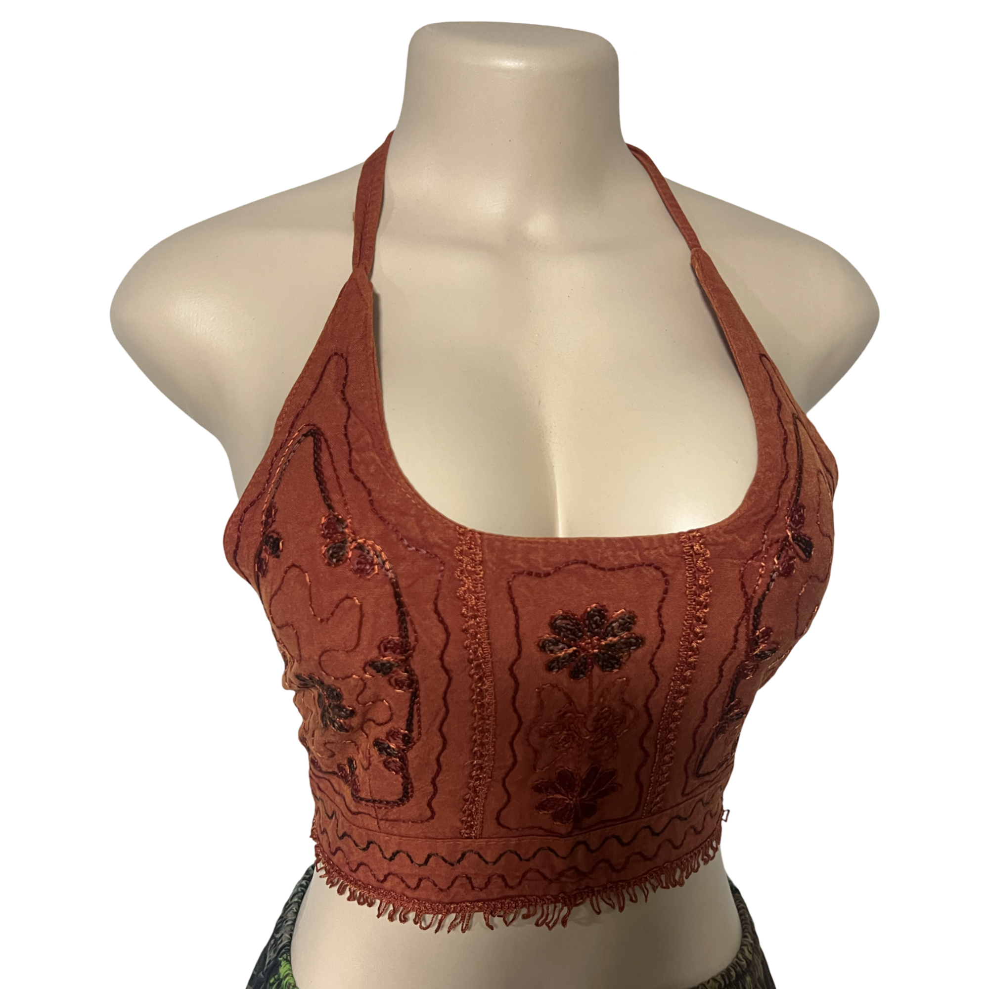 Tops - Embroidery Floral Halter Tops /Old Rose