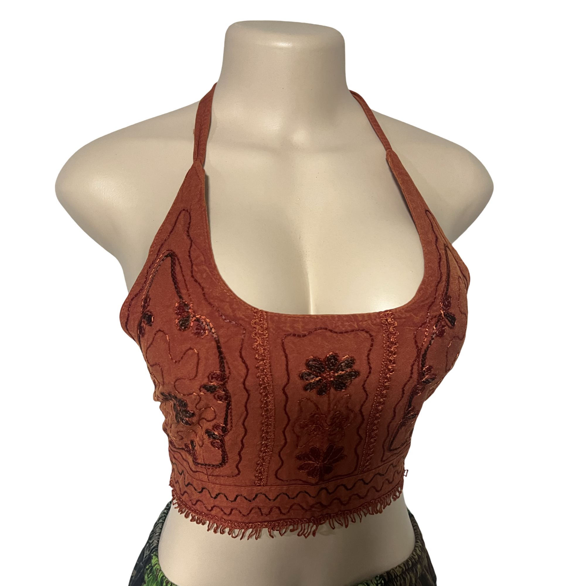 Tops - Embroidery Floral Halter Tops /Old Rose