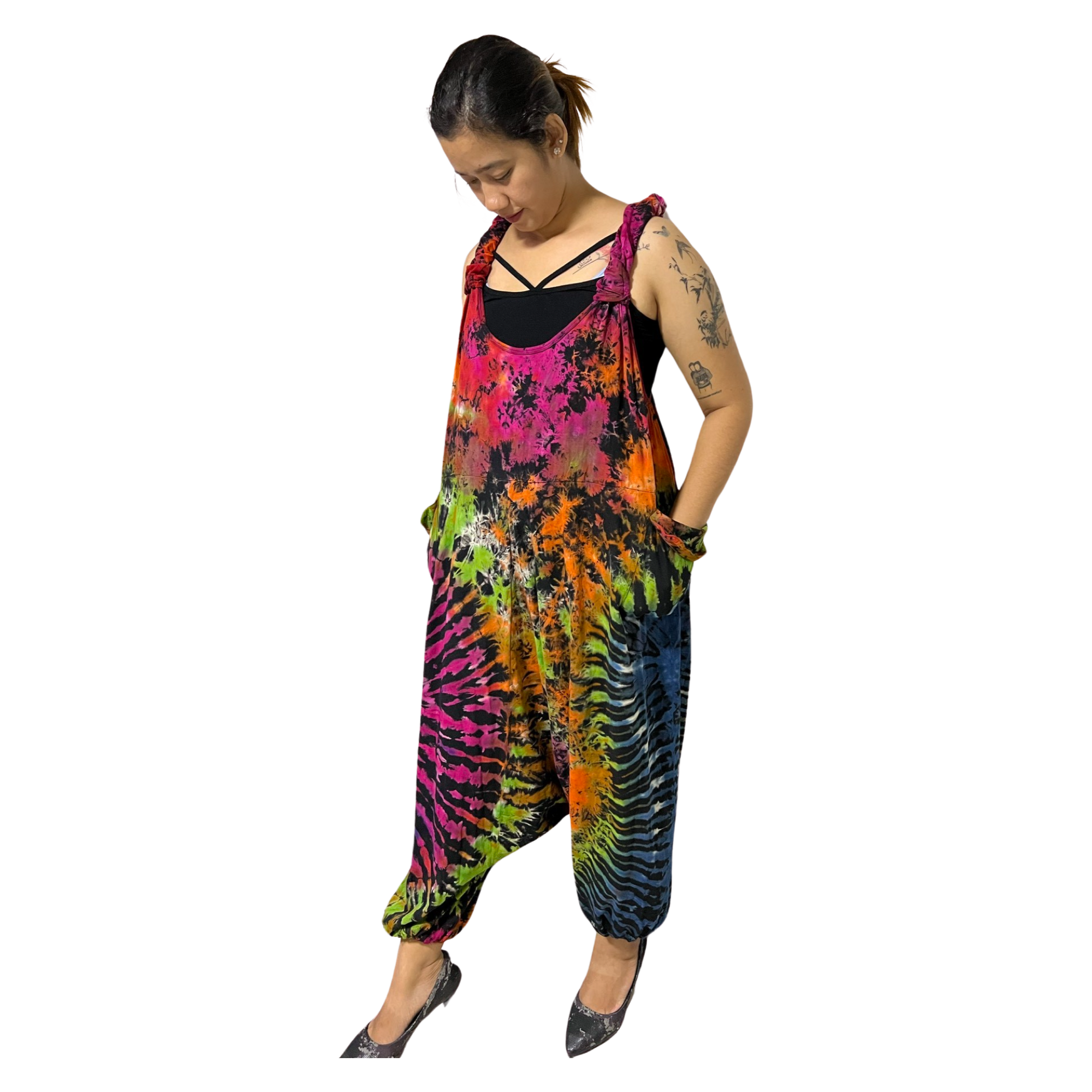 Harem Jumpsuit for Women Retro Tie Dye Loose Sleeveless V Neck Baggy Overalls One Piece Romper Jumpsuits with Pockets, Assorted Colors.