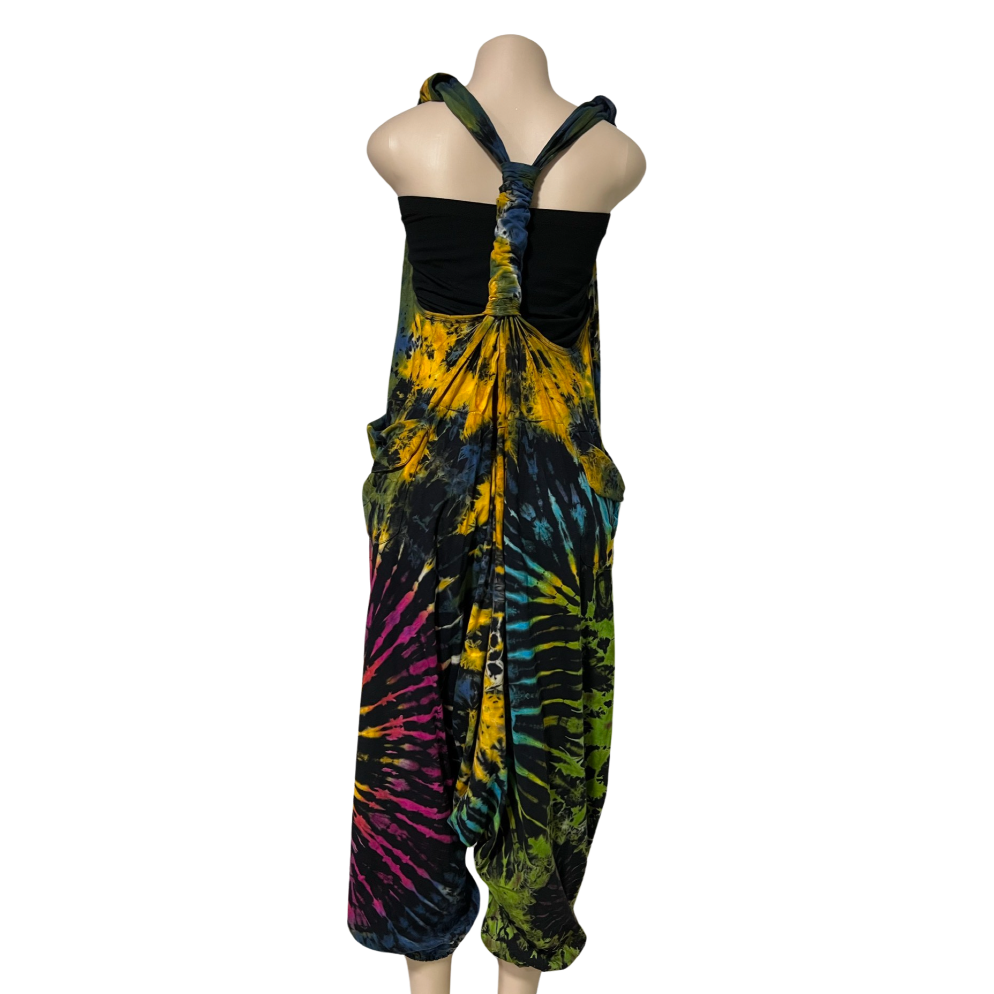 Harem Jumpsuit for Women Retro Tie Dye Loose Sleeveless V Neck Baggy Overalls One Piece Romper Jumpsuits with Pockets, Assorted Colors.
