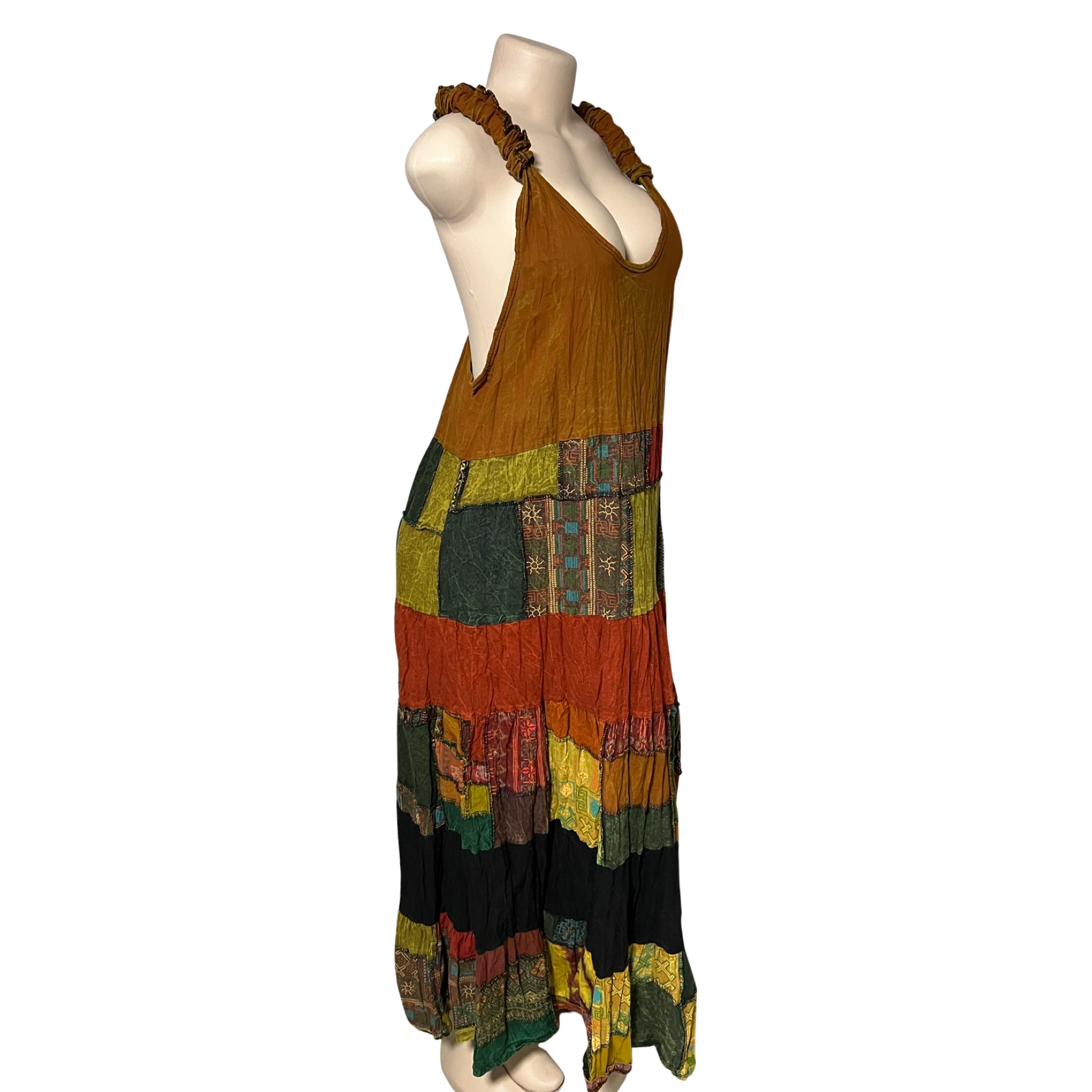 Patchwork Overall Maxi Cotton Dress W/Cross Back.