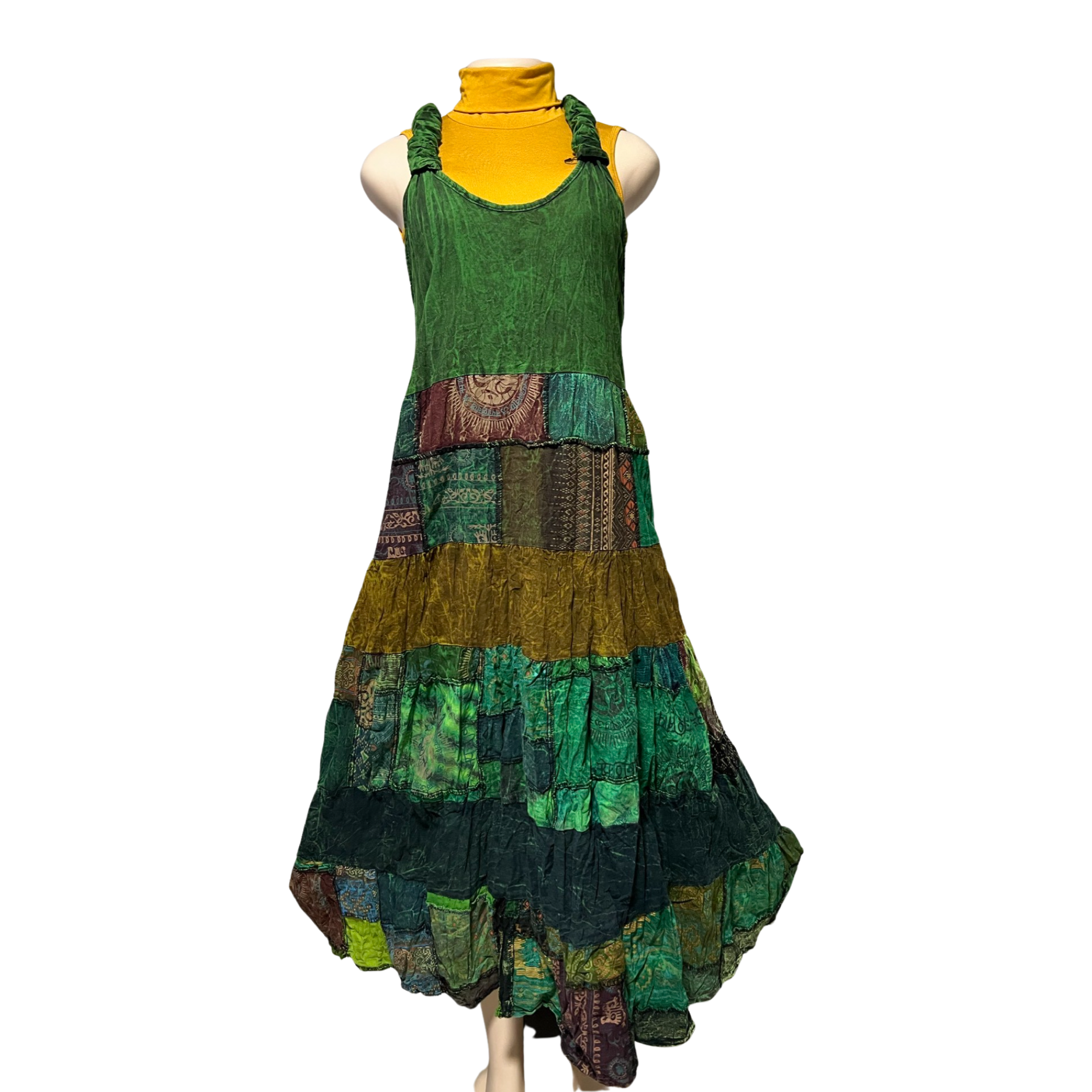 Patchwork Overall Maxi Cotton Dress W/Cross Back.