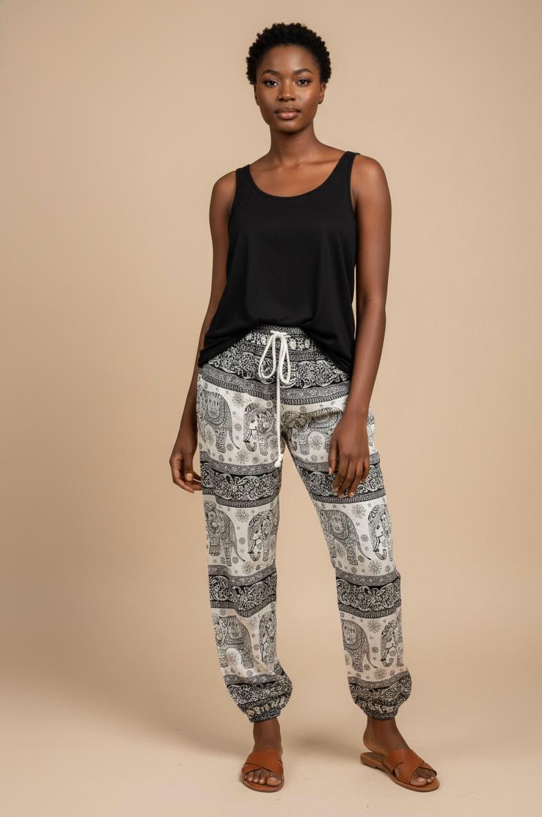 Elephant Print Drawstring Harem Pant/Cuff Leg