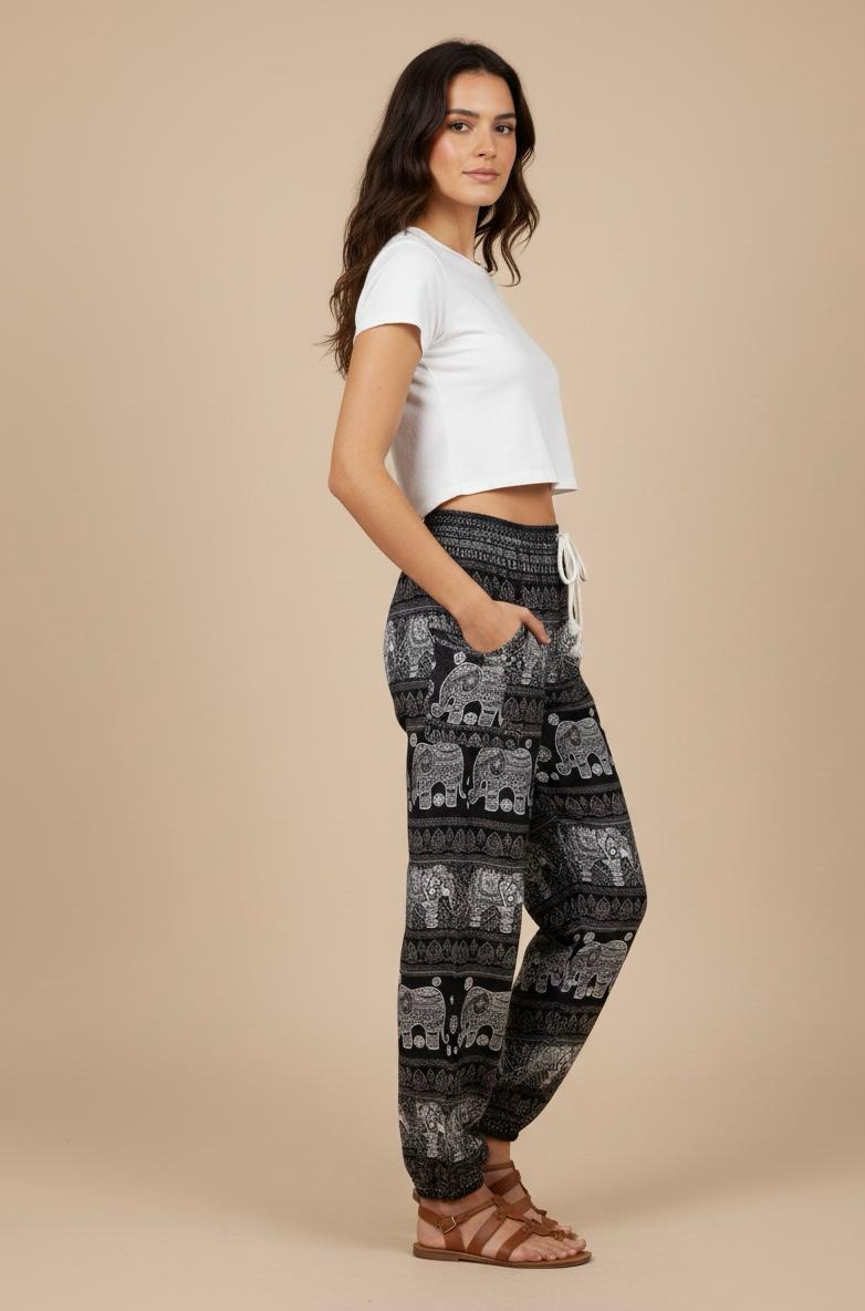 Elephant Print Drawstring Harem Pant/Cuff Leg