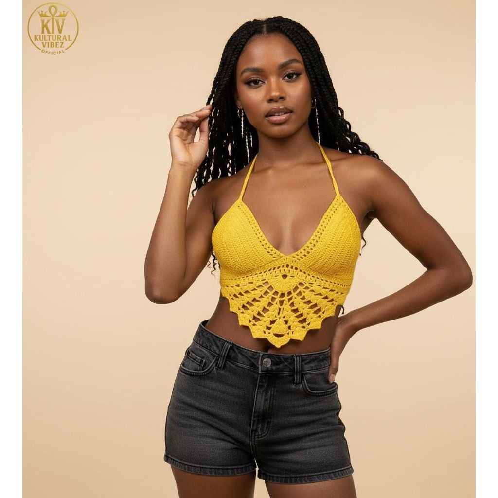 Knitting Deep V Crop Top-Yellow