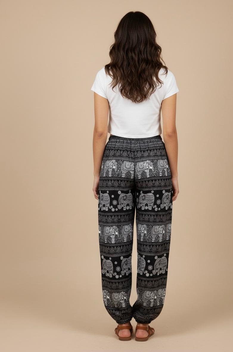 Elephant Print Drawstring Harem Pant/Cuff Leg