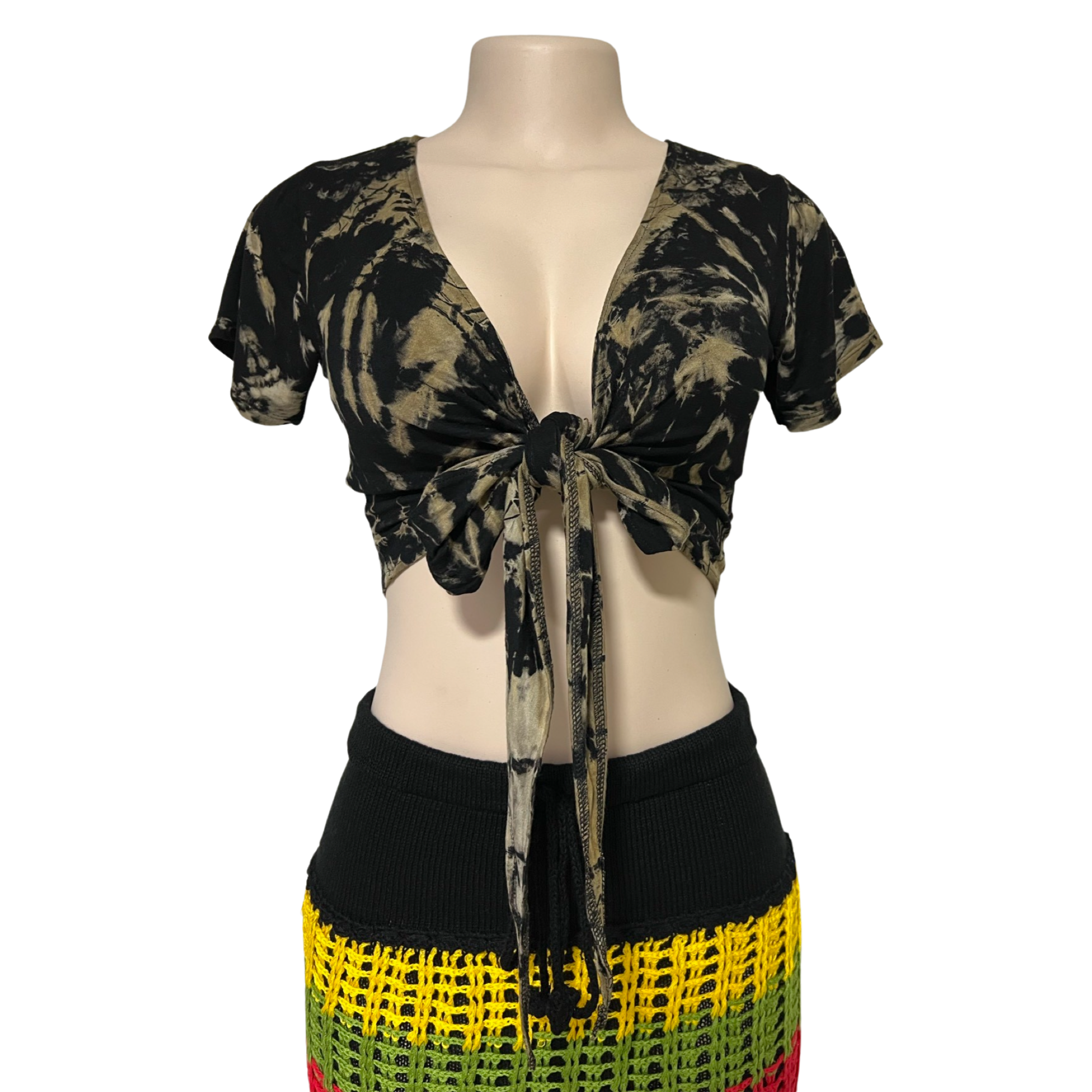 Women Short Sleeve Stripe Crop Top Tie Up Top T-Shirt Tie Dye Shirt Black Gray.