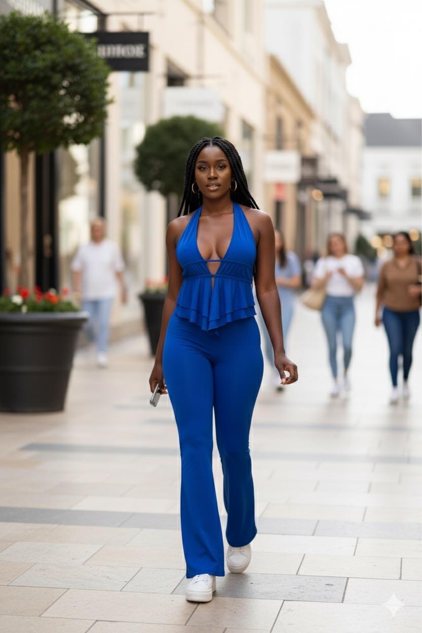 Halter jumpsuit bottom flared 2 pieces(Set) - blue