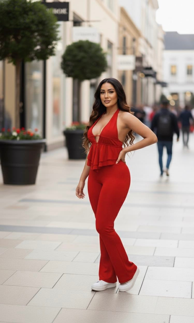 Halter jumpsuit bottom flared 2 pieces(Set) - Red